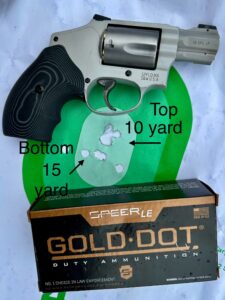 Test groups at ten and fifteen yards with Speer Gold Dot